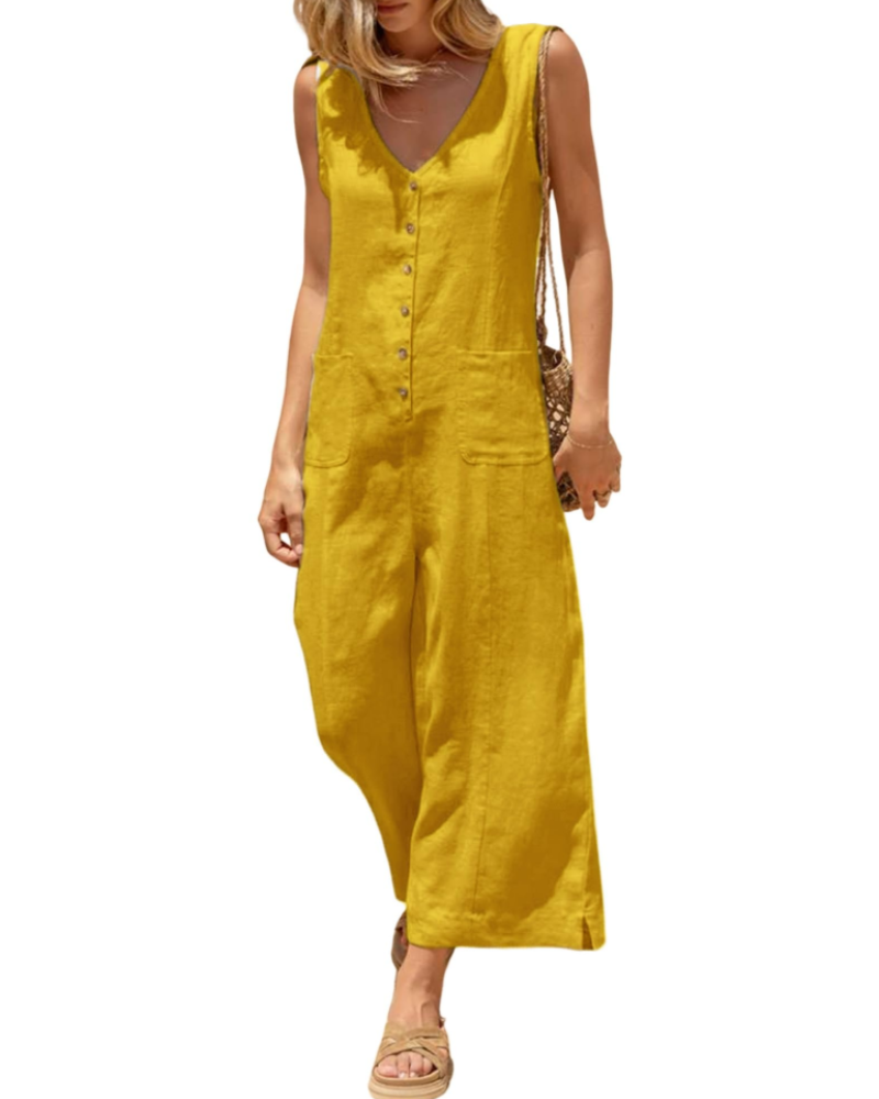 Brianna Linen Wide-Leg V-Neck Button Jumpsuit with Pockets