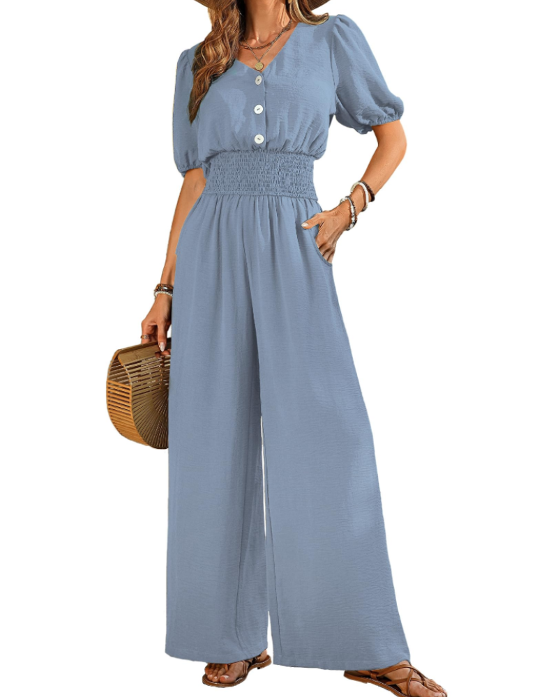 Isabelle Cross V-Neck Smocked Waist Wide-Leg Jumpsuit with Pockets