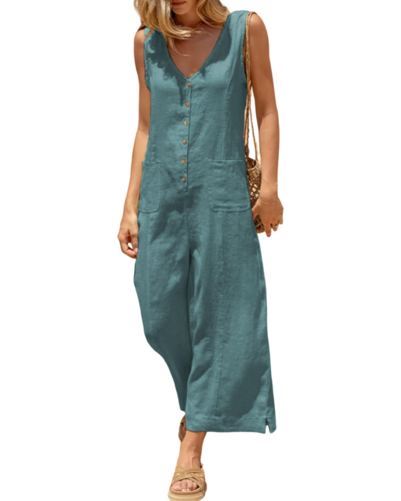 Brianna Linen Wide-Leg V-Neck Button Jumpsuit with Pockets