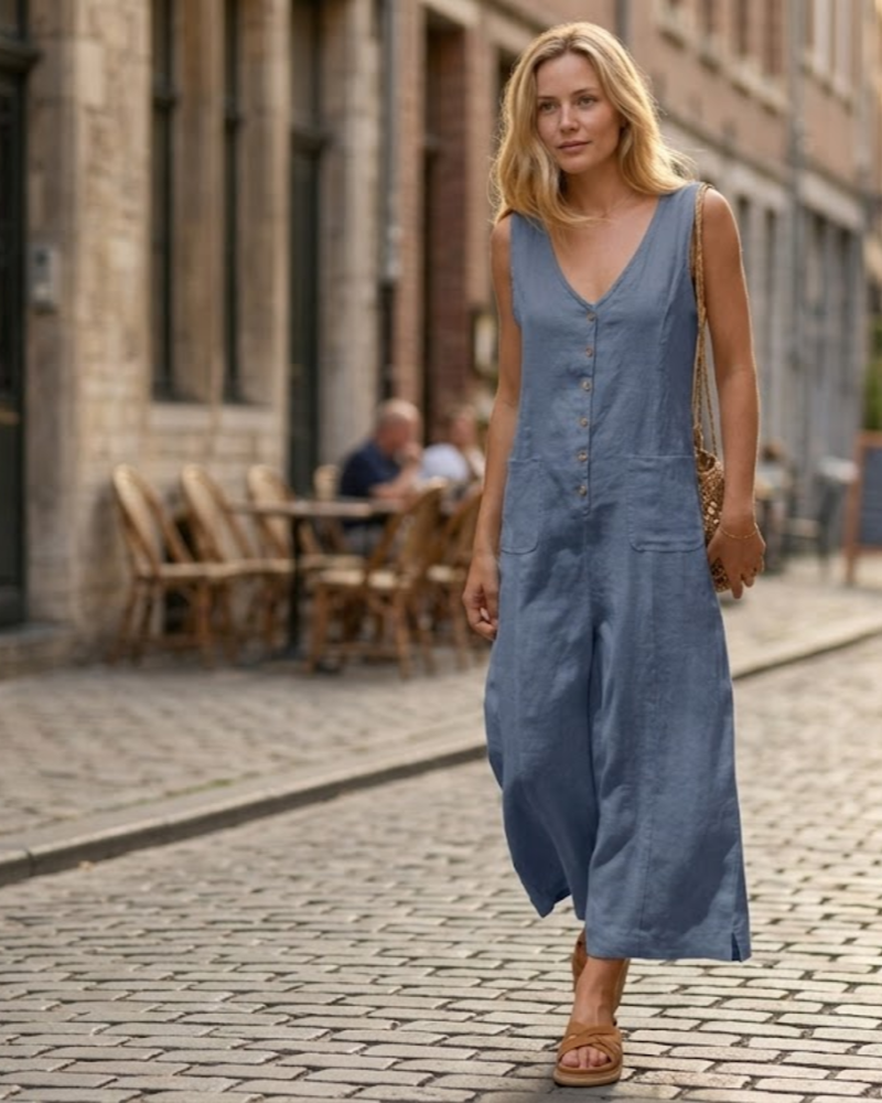 Brianna Linen Wide-Leg V-Neck Button Jumpsuit with Pockets
