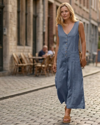 Brianna Linen Wide-Leg V-Neck Button Jumpsuit with Pockets