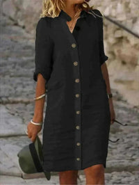 Nia Linen Button-Down Shirt Dress with Collar