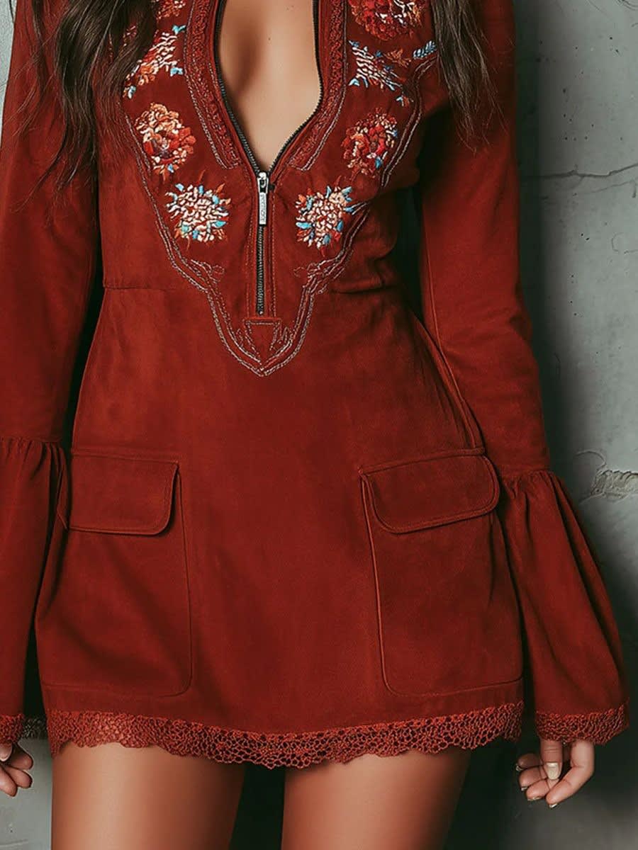 Jada Embroidered Bell Sleeve Boho Mini Dress with Lace Trim