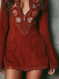 Jada Embroidered Bell Sleeve Boho Mini Dress with Lace Trim