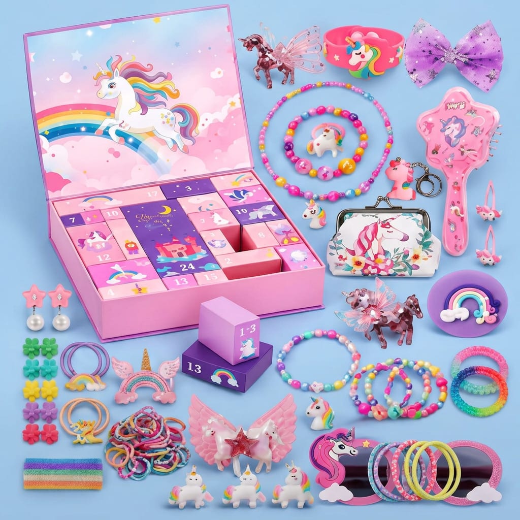 Unicorn Advent Calendar 2026 with Hair Accessories and Stickers Xmas Countdown for Kids_3