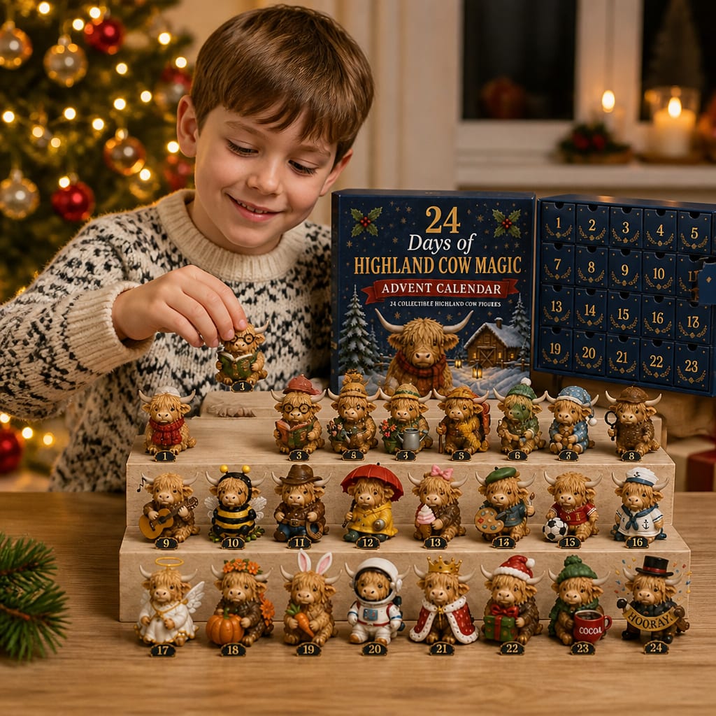 Mini Highland Cow Advent Calendar 2026 with 24 Collectible Cow Figures Xmas Countdown