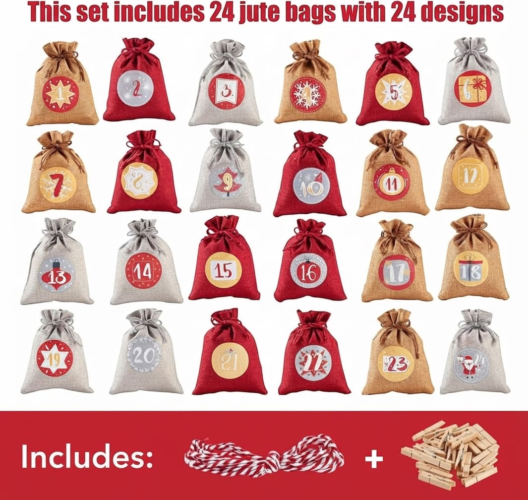 Reusable Advent Calendar 2026 with 24 Numbered Bags and Hanging Cord Xmas Countdown