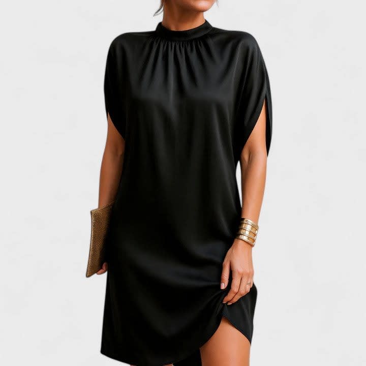 Remy Black Mock Neck Short Sleeve Shift Dress_1