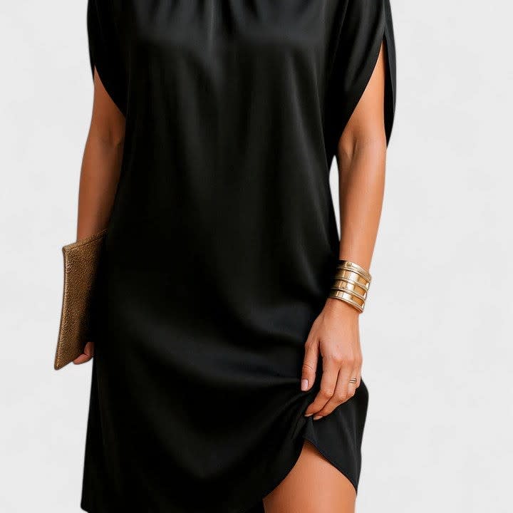 Remy Black Mock Neck Short Sleeve Shift Dress