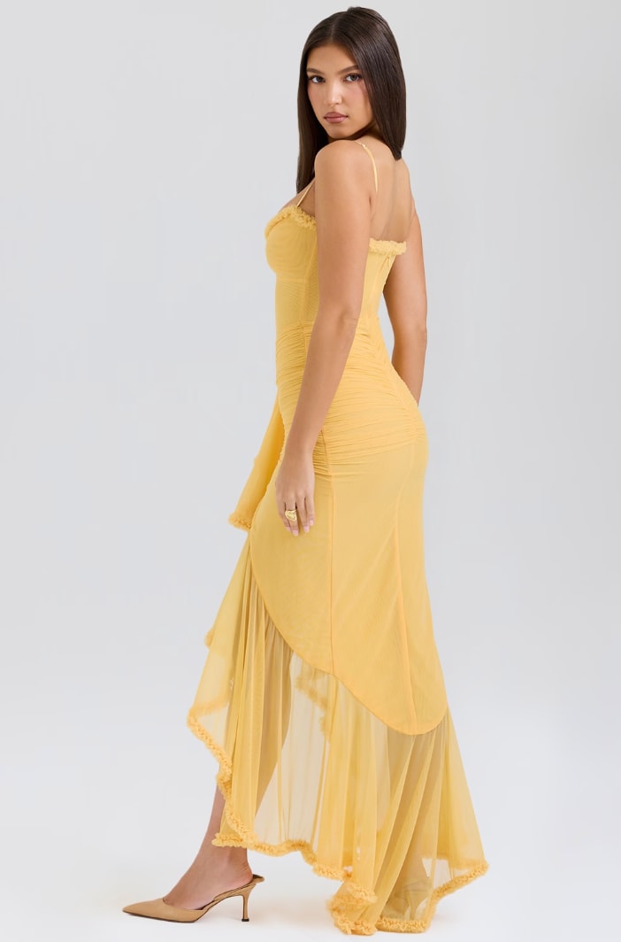 Caitlin Wedding Guest Ruched Ruffle Maxi Dress