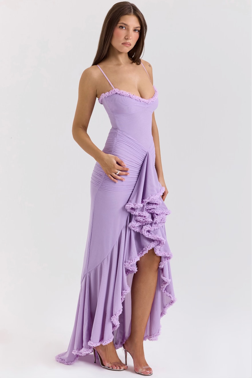 Caitlin Wedding Guest Ruched Ruffle Maxi Dress