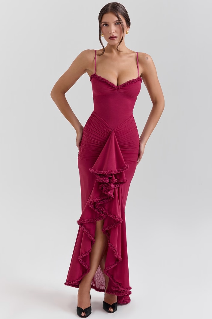 Caitlin Wedding Guest Ruched Ruffle Maxi Dress