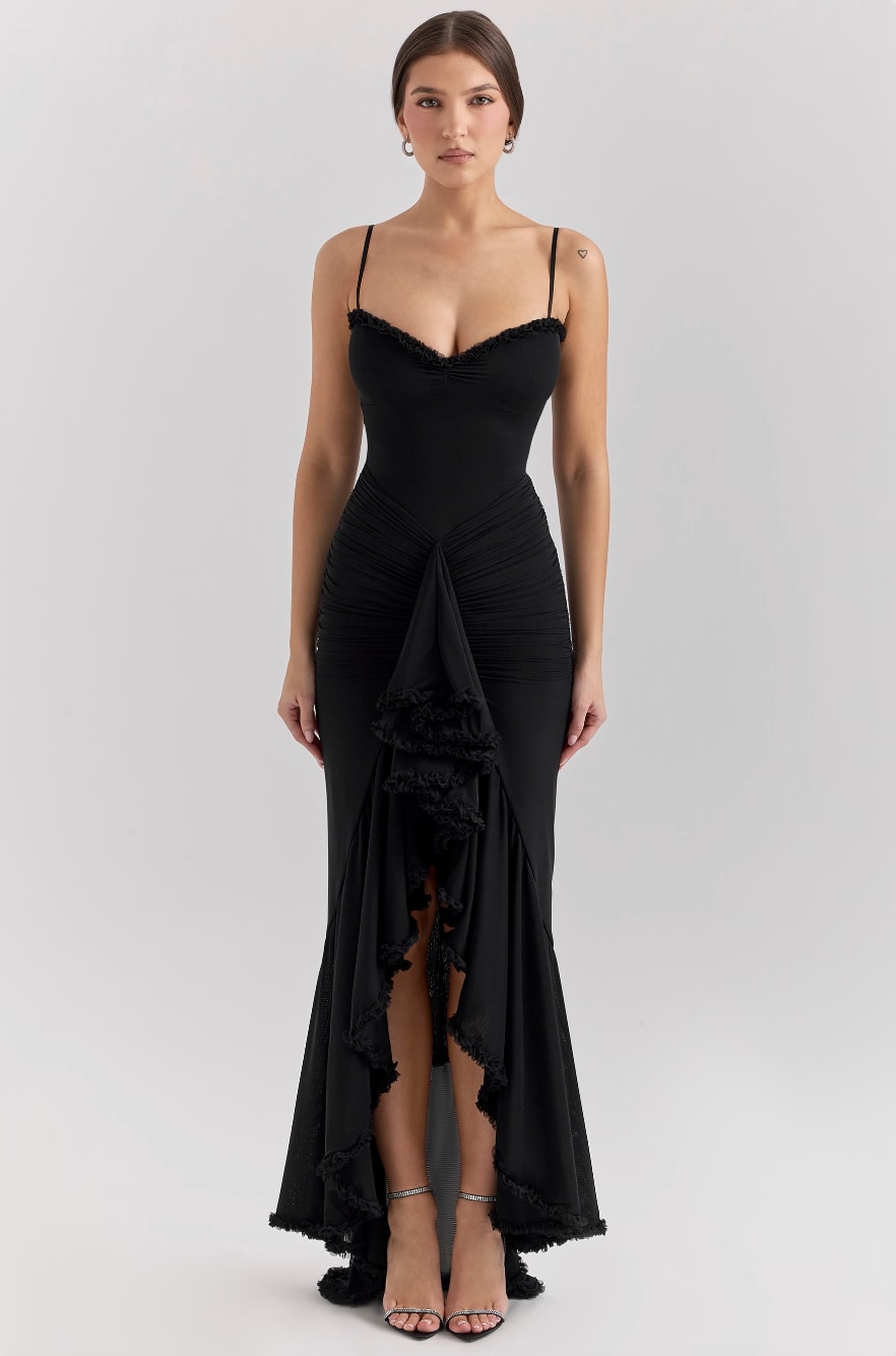 Caitlin Wedding Guest Ruched Ruffle Maxi Dress