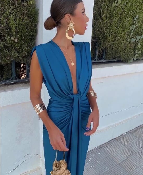 Jemima Wedding Guest Pleated V-Neck Midi Dress