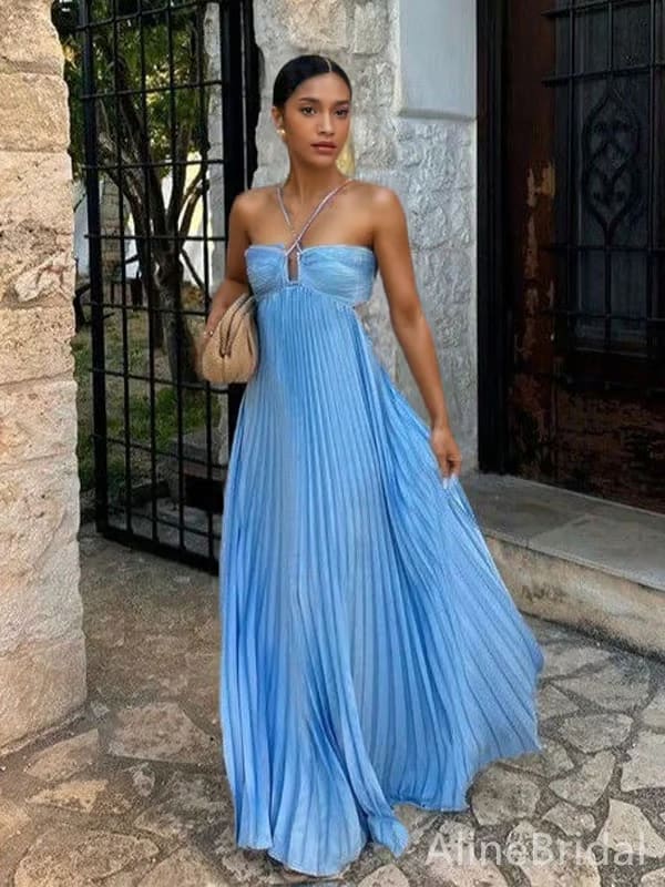 Oona Wedding Guest Halterneck Pleated Maxi Dress