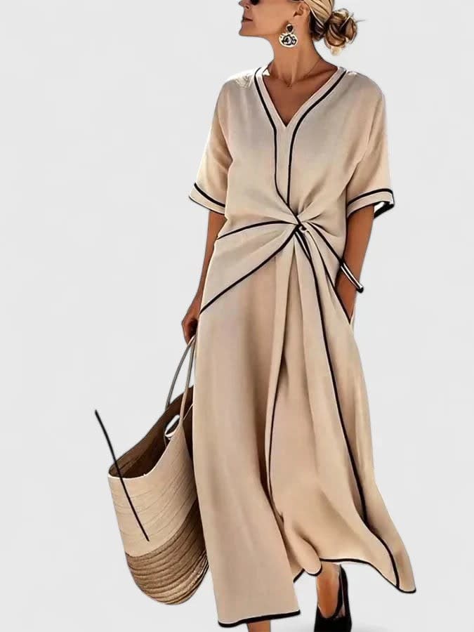 Eden V-Neck Short Sleeve Midi Wrap Dress with Contrast Trim_1