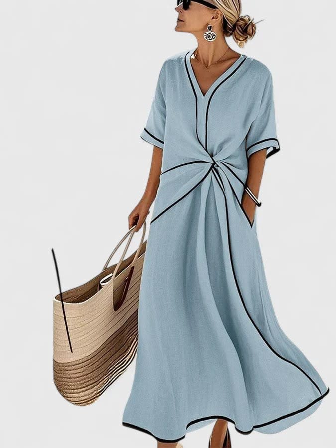 Eden V-Neck Short Sleeve Midi Wrap Dress with Contrast Trim_2