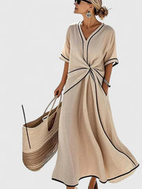 Eden V-Neck Short Sleeve Midi Wrap Dress with Contrast Trim