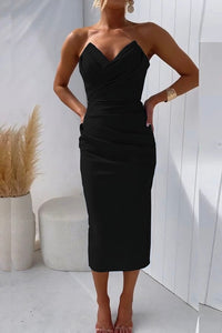 Harriet Prescott Ruched Strapless Wedding Guest Midi Dress