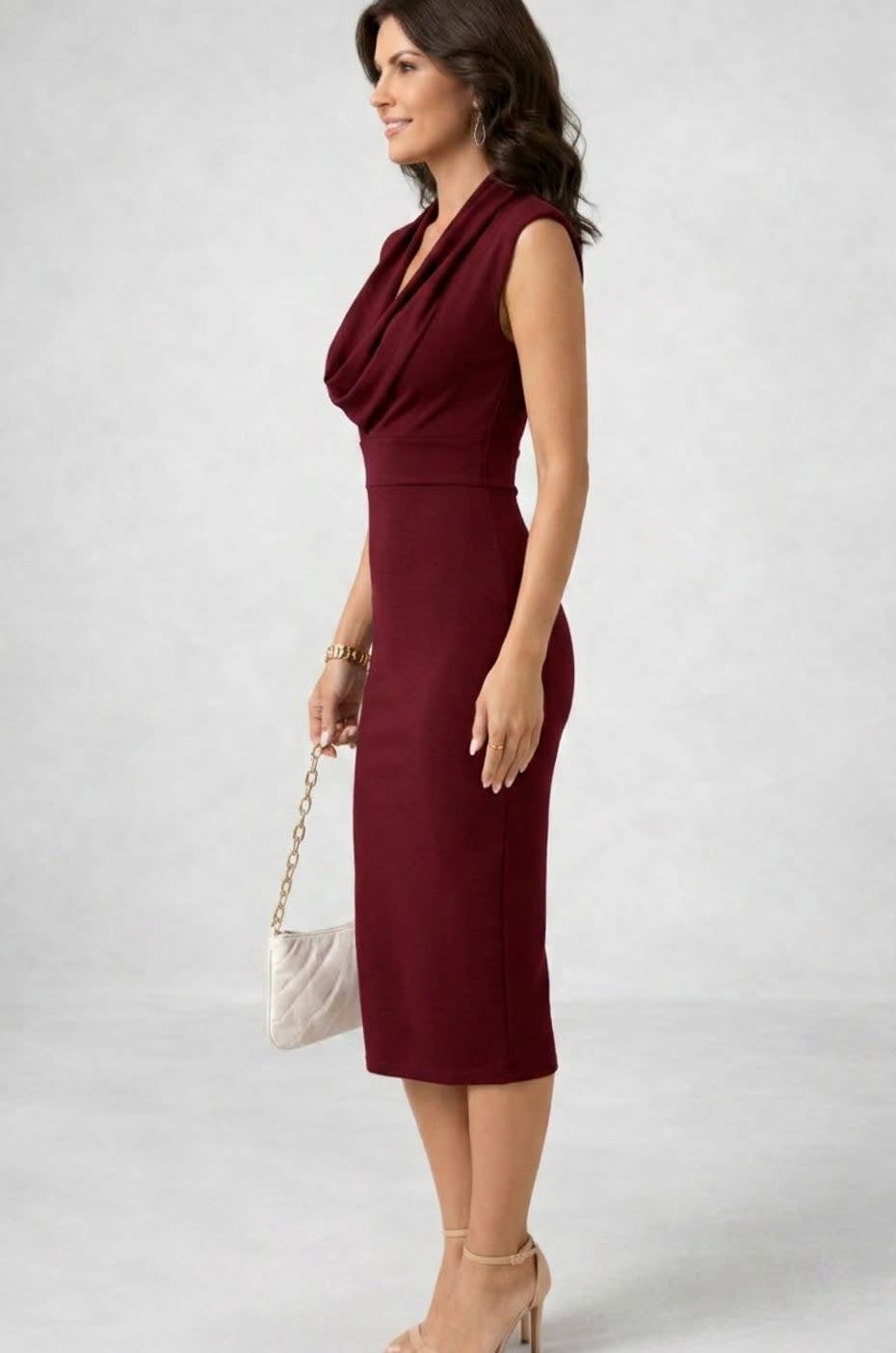 Monique Cowl Neck Sleeveless Midi Cocktail Dress
