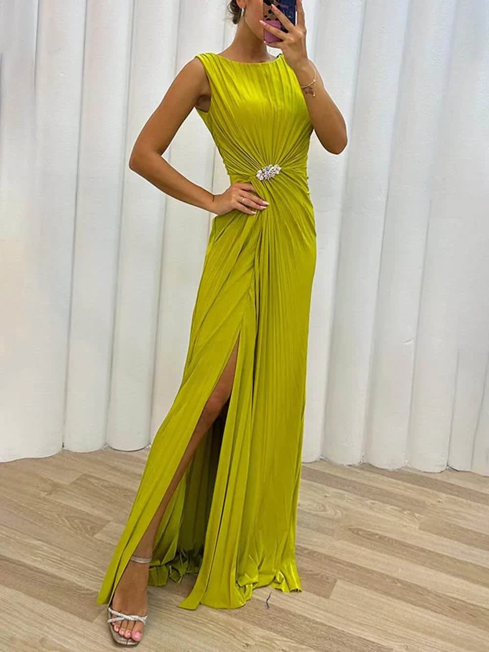 Anwen Wedding Guest Pleated Sleeveless Maxi Dress with Slit_1