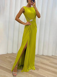 Anwen Wedding Guest Pleated Sleeveless Maxi Dress with Slit