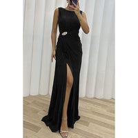 Anwen Wedding Guest Pleated Sleeveless Maxi Dress with Slit