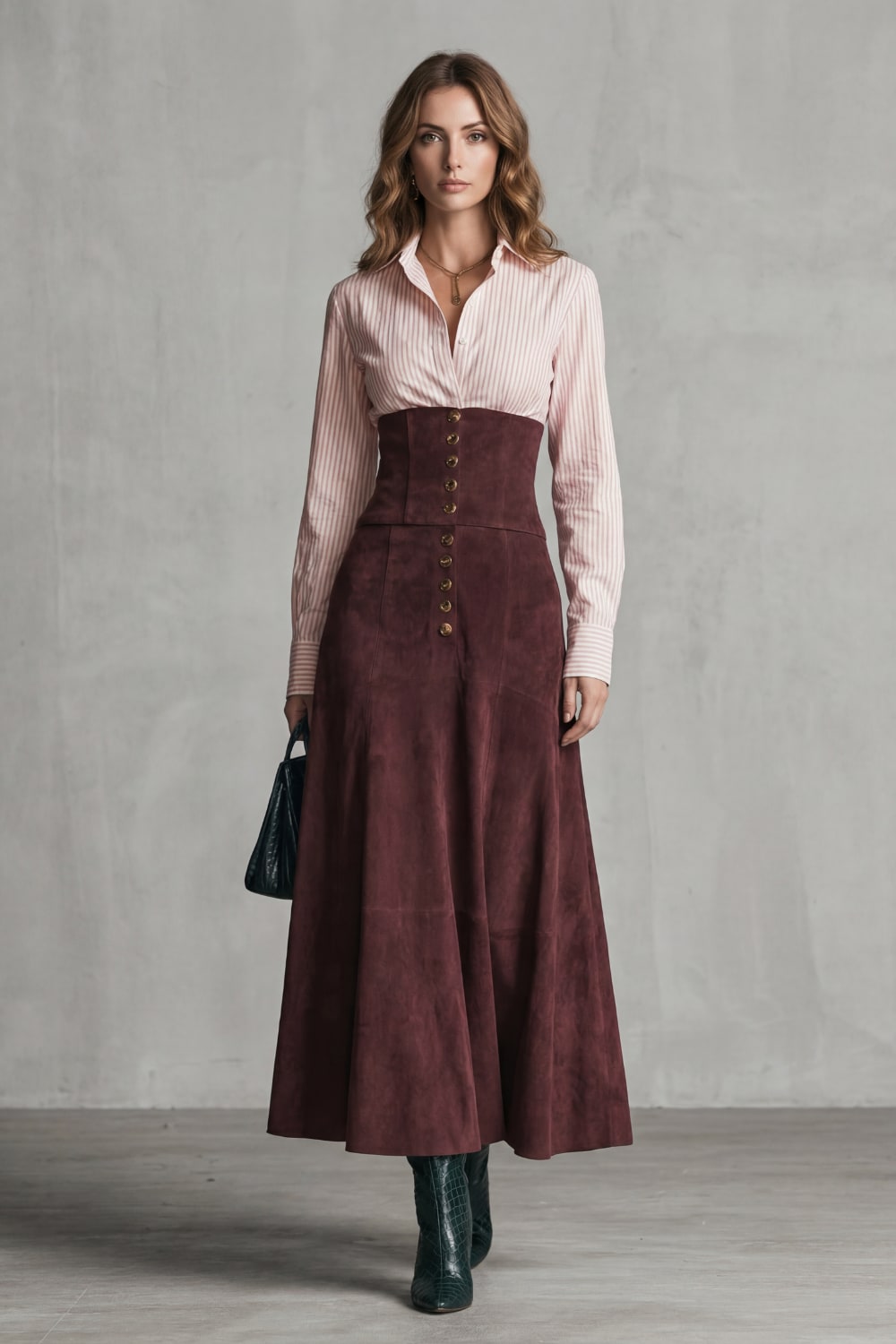 Nixie Faux Suede Corset Waist Maxi Skirt