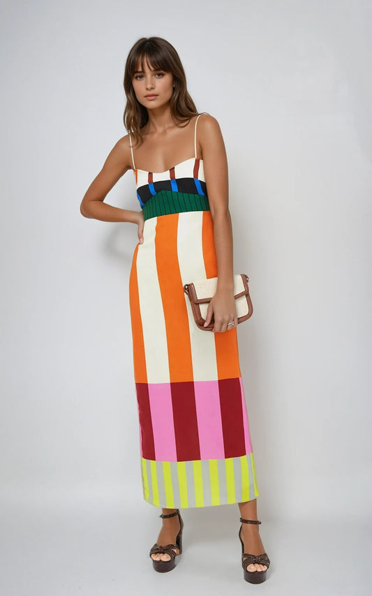 Coral Striped Empire Waist Maxi Dress_1