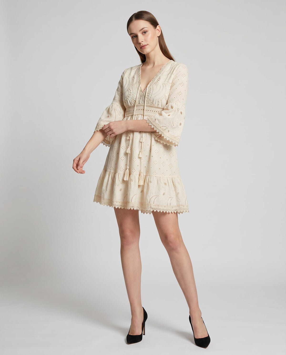 Fionnuala Lace V Neck Holiday Mini Dress