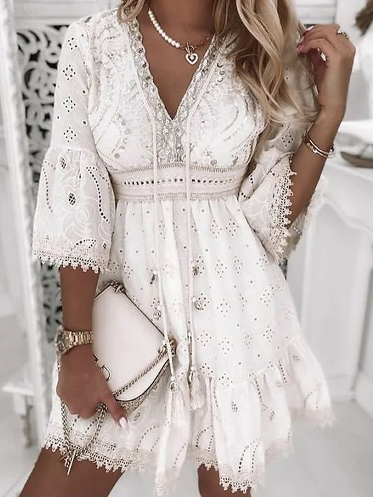 Fionnuala Lace V Neck Holiday Mini Dress
