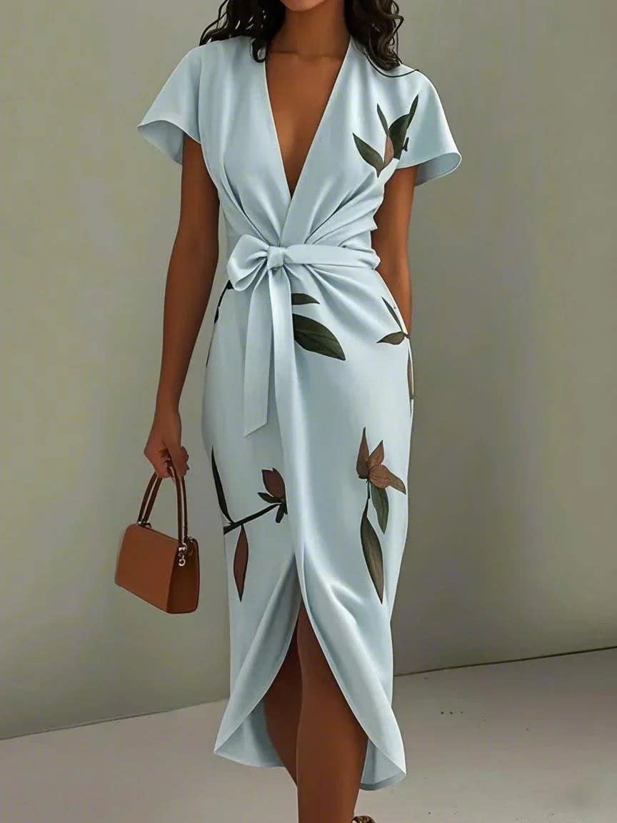 Devorah Leaf Print Wrap Midi Dress