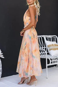 Ione Watercolor Halter Wedding Guest Maxi Dress