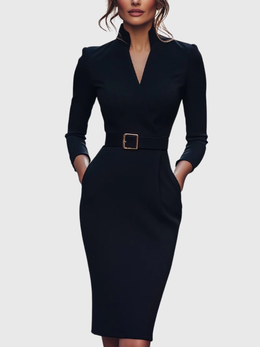 Zadie Belted V-Neck Midi Pencil Dress