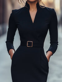 Zadie Belted V-Neck Midi Pencil Dress
