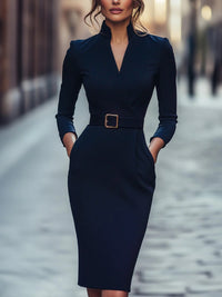 Zadie Belted V-Neck Midi Pencil Dress