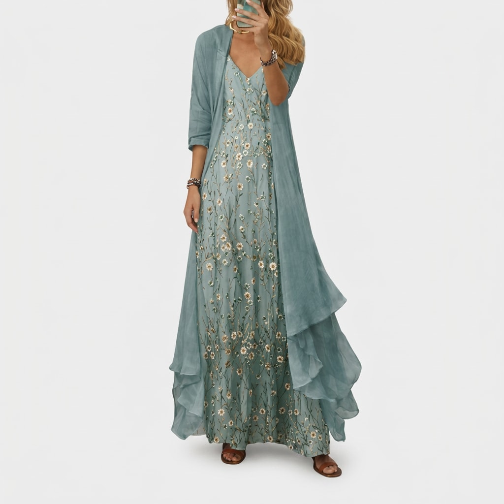 Iselin Embroidered Floral Two Piece Maxi Dress Set