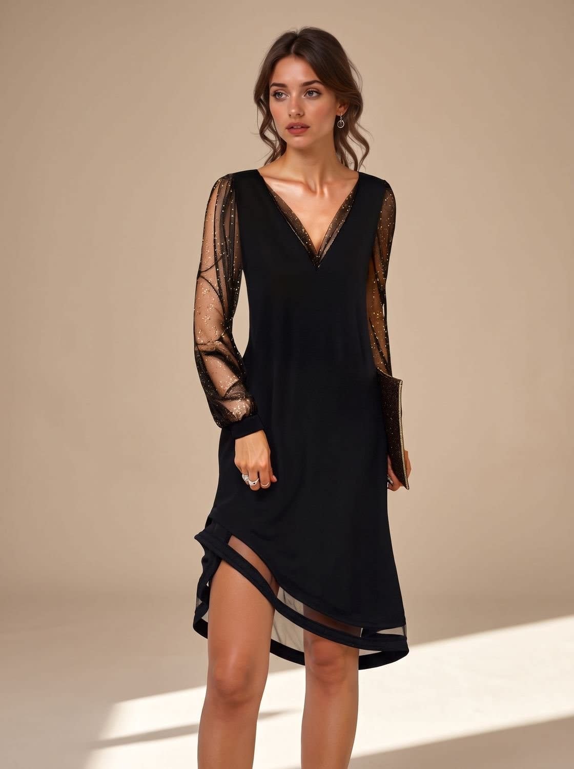 Quinn Black Sheer Sleeve Christmas Party Dress