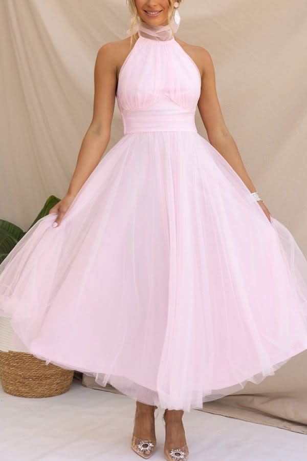 Josie Tulle Wedding Guest Halterneck A-Line Midi Dress