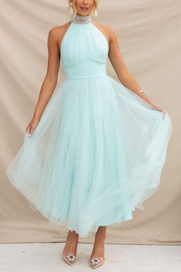 Josie Tulle Wedding Guest Halterneck A-Line Midi Dress_2