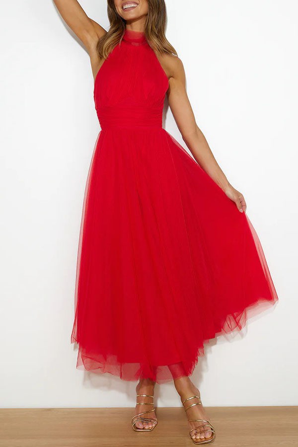 Josie Tulle Wedding Guest Halterneck A-Line Midi Dress