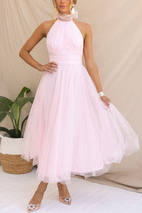 Josie Tulle Wedding Guest Halterneck A-Line Midi Dress