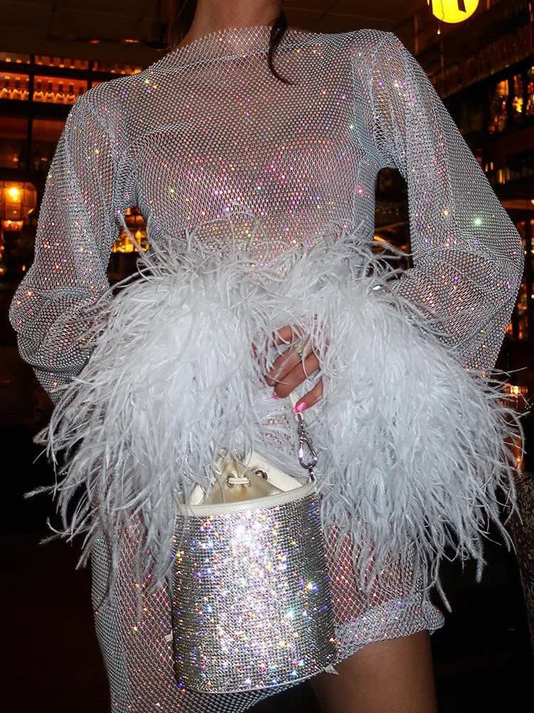 Anouska Feather Cuff Cocktail Party Mini Dress