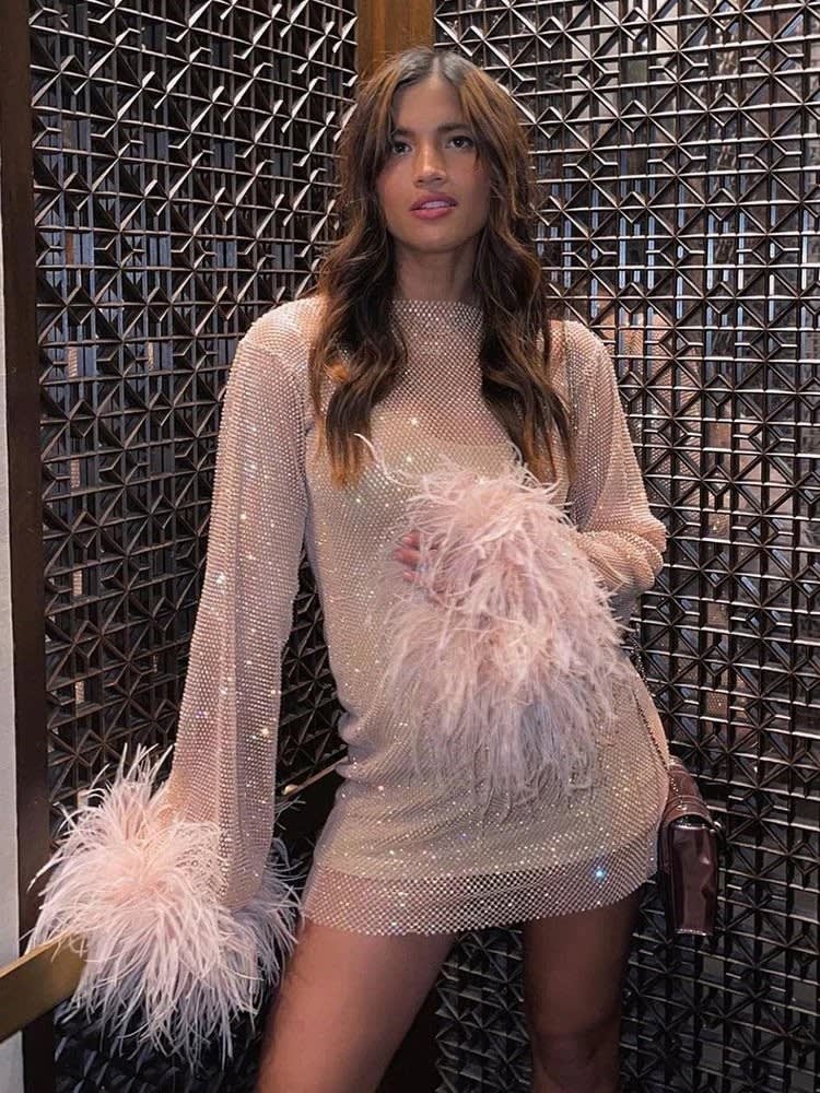 Anouska Feather Cuff Cocktail Party Mini Dress_5