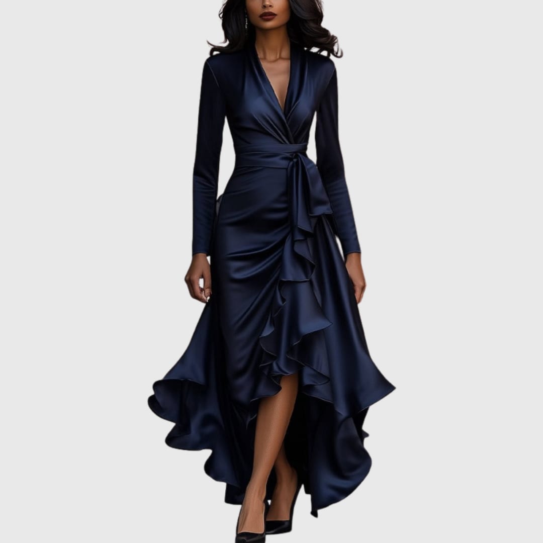 Louise Wrap V-Neck Long Sleeve Ruffle Maxi Dress