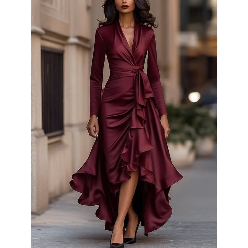Louise Wrap V-Neck Long Sleeve Ruffle Maxi Dress