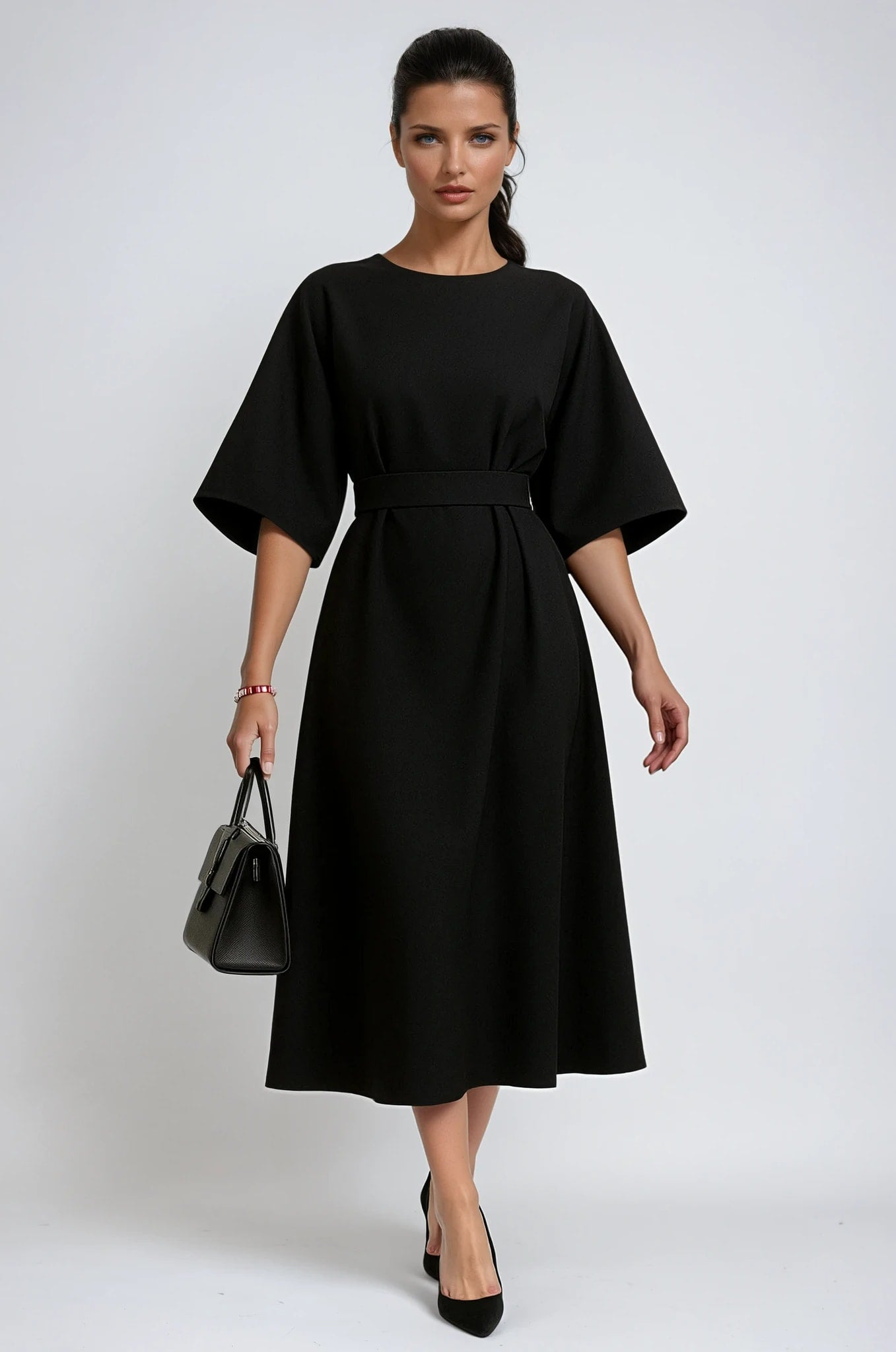 Sasha Belted Crew Neck Midi Dress_1