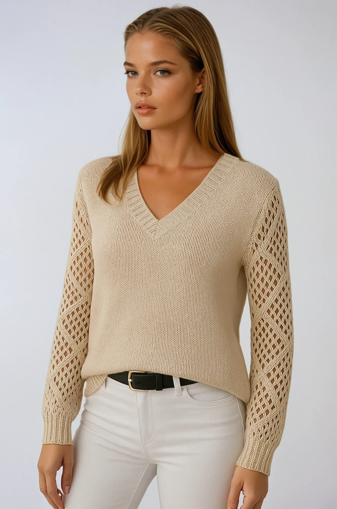 Kaja Crochet Sleeve V Neck Sweater_1