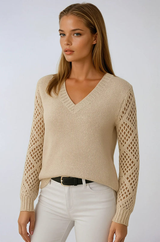 Kaja Crochet Sleeve V Neck Sweater_1