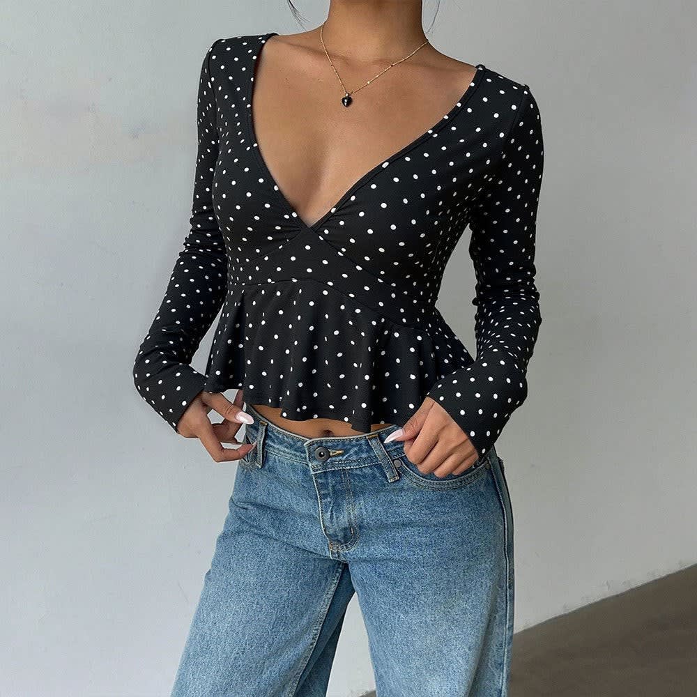 Michaela Polka Dot V-Neck Peplum Top